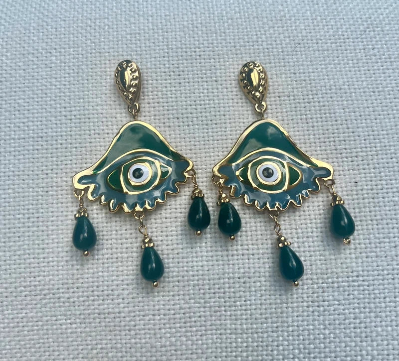 Boucles d oreilles en acier inoxydable émaillé et pierres naturelles long 6,5 cm excellent état