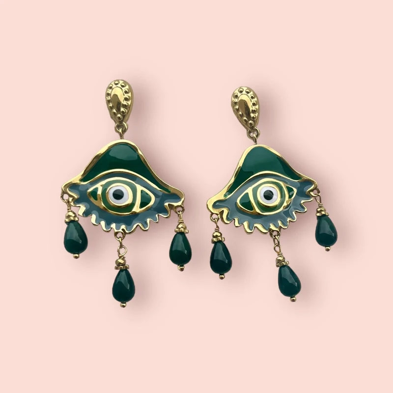 Boucles d oreilles en acier inoxydable émaillé et pierres naturelles long 6,5 cm excellent état
