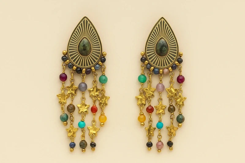 Boucles d oreilles en acier inoxydable, pierres naturelles  excellent état long 6 cm