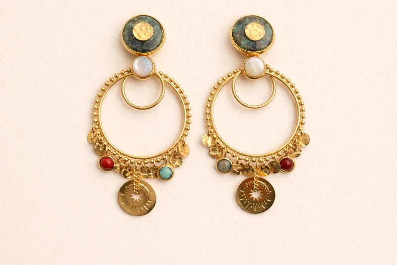 Boucles d’oreilles, en acier inoxydable et pierres naturelles , longueur 6 cm. Excellent état