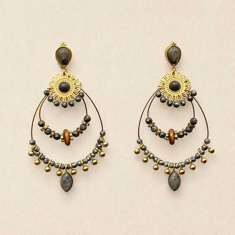 Boucles d oreilles en acier inoxydable et pierres naturelles long 5,5cm  excellent état