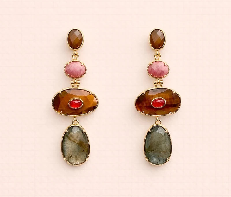 Boucles d’oreilles acier inoxydable pierres naturelles, excellent état long 5,5cm excellent état