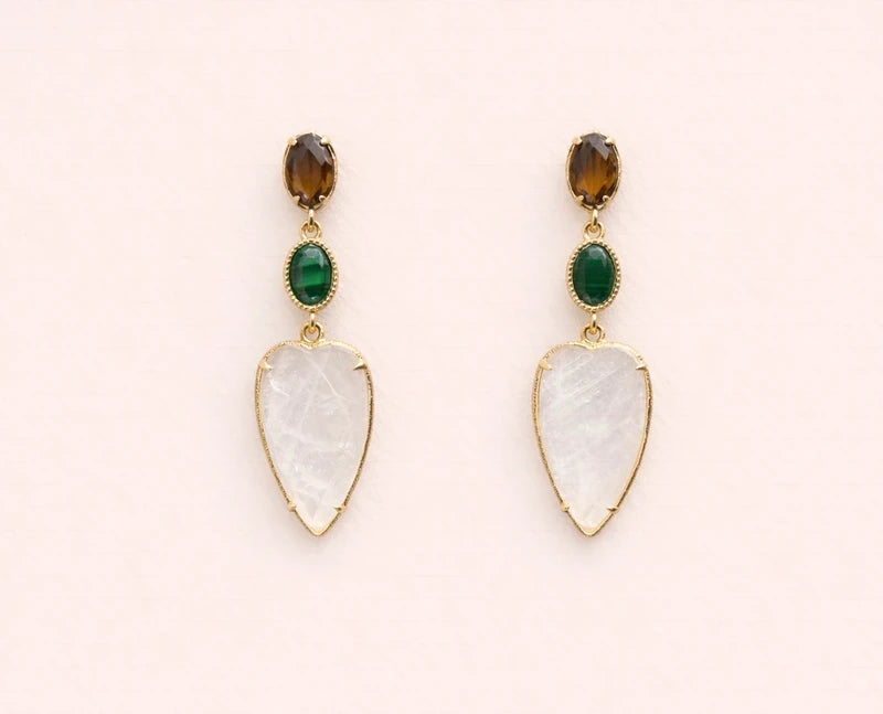 Boucles d’oreilles en acier, inoxydable et pierre naturel, longueur 5 cm. Excellent état