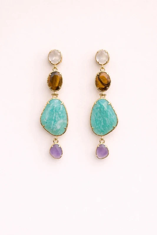 Boucles d oreilles en acier inoxydable et pierres naturelles 6cm excellent état