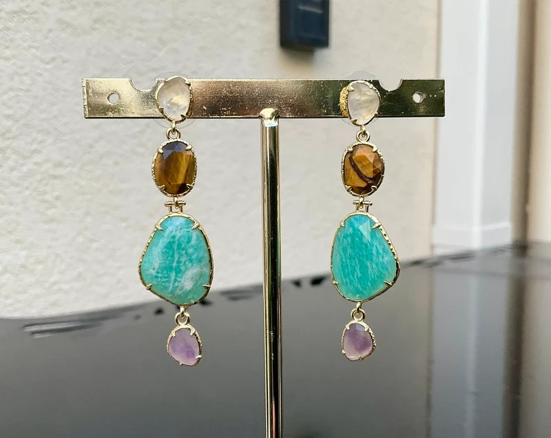 Boucles d oreilles en acier inoxydable et pierres naturelles 6cm excellent état