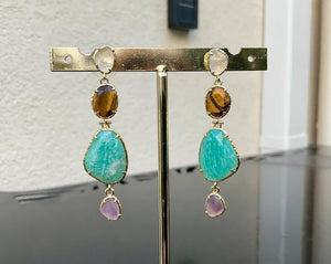 Boucles d oreilles en acier inoxydable et pierres naturelles 6cm excellent état