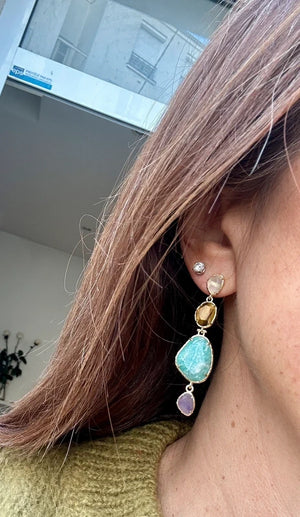 Boucles d oreilles en acier inoxydable et pierres naturelles 6cm excellent état