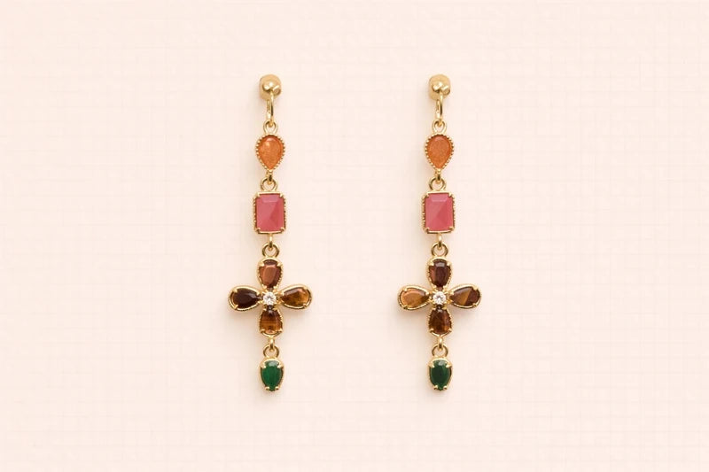 Boucles d oreilles en acier inoxydable et pierres naturelles. Long 5cm excellent etat