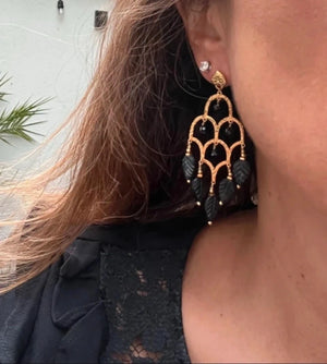 Boucles d oreilles en acier inoxydable et agate noire long 7cm excellent
