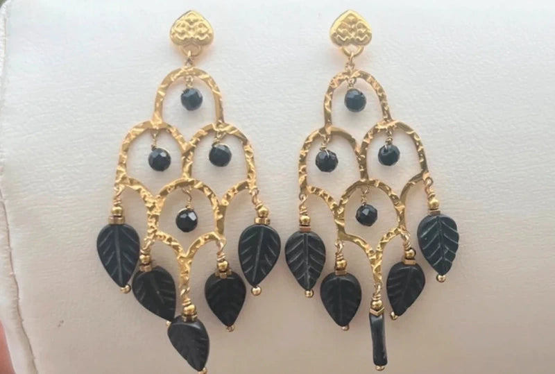 Boucles d oreilles en acier inoxydable et agate noire long 7cm excellent