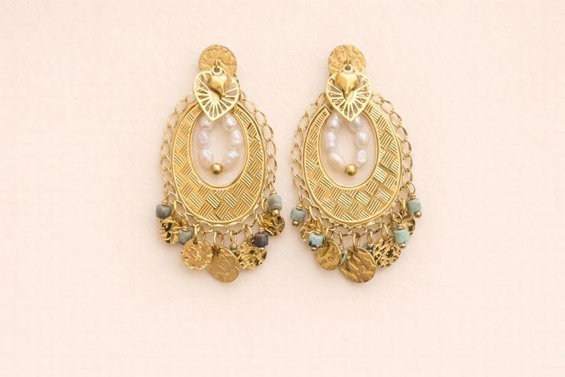 Boucles d’oreilles, en acier inoxydable et pierres naturelles , longueur 5,5cm. Excellent