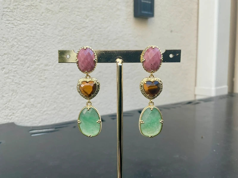 Boucles d'oreilles en acier inoxydable et pierres, naturelles long 5,7cm excellent état