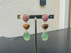 Boucles d'oreilles en acier inoxydable et pierres, naturelles long 5,7cm excellent état
