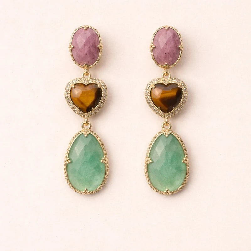 Boucles d'oreilles en acier inoxydable et pierres, naturelles long 5,7cm excellent état