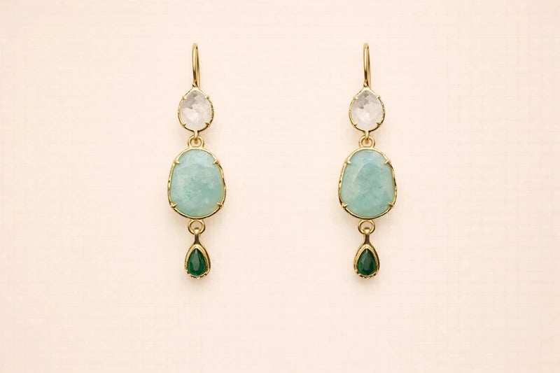 Boucles d’oreilles en acier, inoxydable et pierre naturelle, longueur 4,5 cm. Excellent état