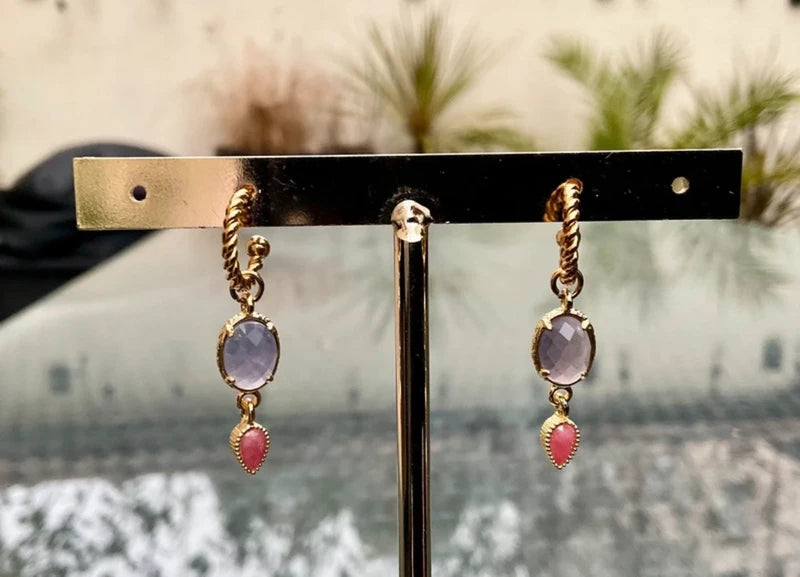 Boucles d'oreilles en a assez inoxydable et pierres naturelles long3,8cm excellent état