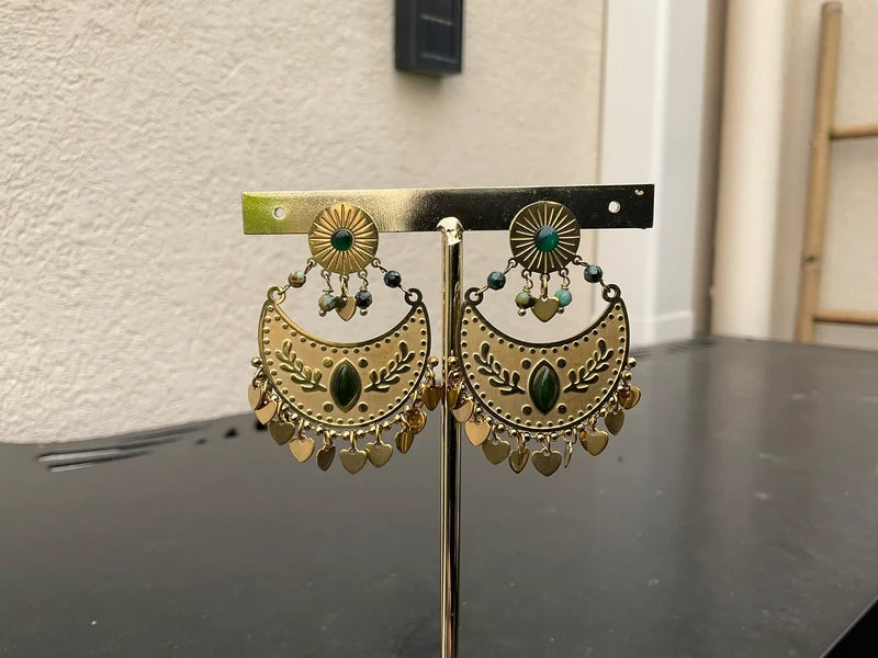Boucles d oreilles en acier inoxydable, résine et pierres naturelles long5,5 cm excellent état