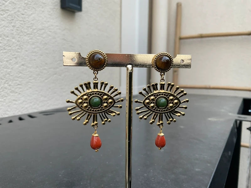 Boucles d’oreilles, en acier, inoxydable et pierre naturelles, longueur 6 cm. Excellent état