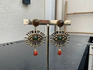 Boucles d’oreilles, en acier, inoxydable et pierre naturelles, longueur 6 cm. Excellent état
