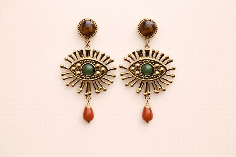 Boucles d’oreilles, en acier, inoxydable et pierre naturelles, longueur 6 cm. Excellent état