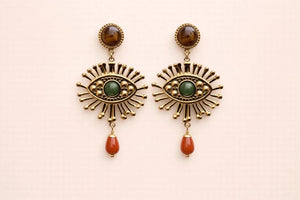 Boucles d’oreilles, en acier, inoxydable et pierre naturelles, longueur 6 cm. Excellent état
