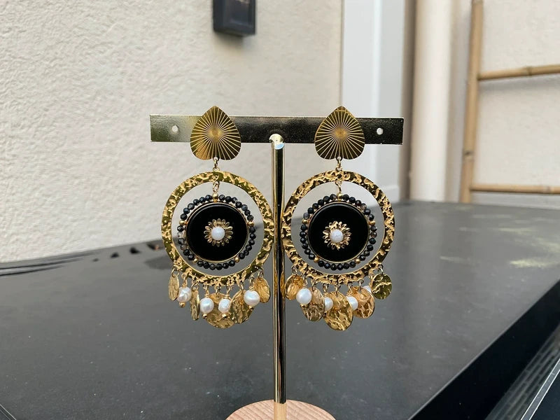 Boucles d’oreilles Serenity acier inoxydable et pierres naturelles , long 7 cm . Excellent état