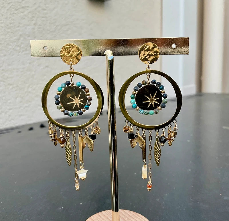 Boucles d oreilles en acier inoxydable et pierres naturelles long 7 cm excellent état