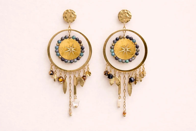 Boucles d oreilles en acier inoxydable et pierres naturelles long 7 cm excellent état