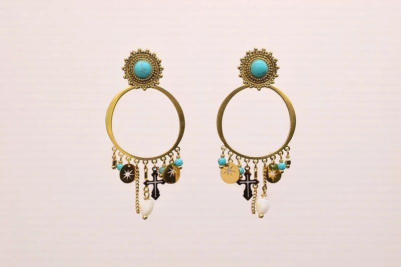 Boucles d’oreilles, en acier inoxydable et pierres naturelles , longueur 7 cm . Excellent état