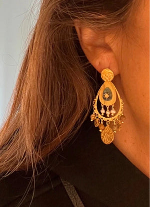 Boucles d’oreilles, en acier inoxydable et pierres naturelles , longueur 5,5cm . Excellent état