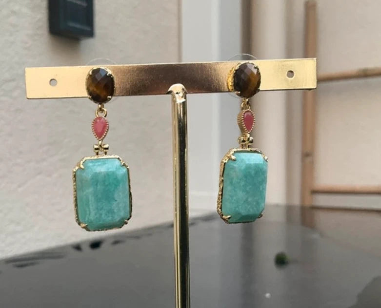 Boucles d oreilles en acier inoxydable et pierres naturelles 4,5 cm excellent état