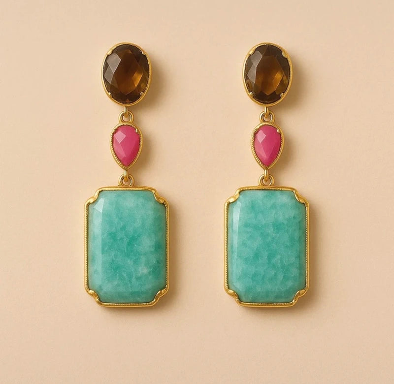 Boucles d oreilles en acier inoxydable et pierres naturelles 4,5 cm excellent état