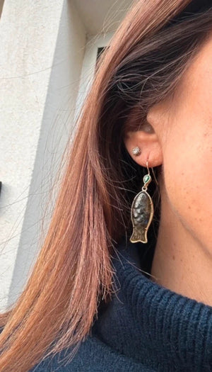 Boucles d’oreilles en acier inoxydable et pierres, naturelles, excellent état long 5,5cm