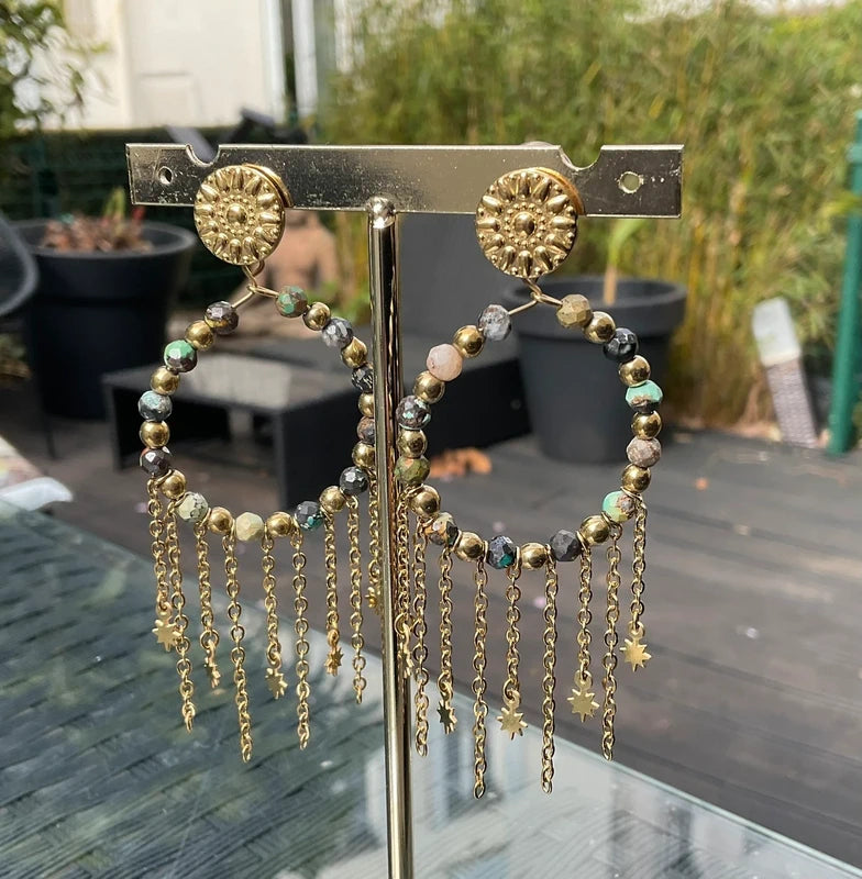 Boucles d oreilles en acier inoxydable et pierres naturelles long 8,5cm excellent état