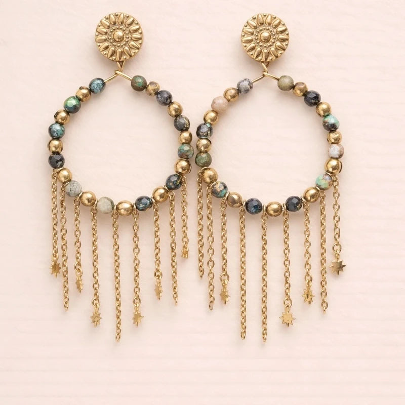 Boucles d oreilles en acier inoxydable et pierres naturelles long 8,5cm excellent état