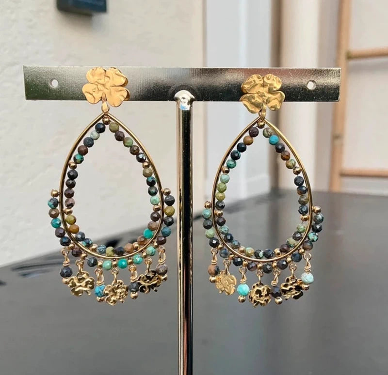Boucles d oreilles en acier inoxydable et pierres naturelles long5.5cm excellent état
