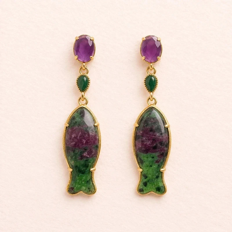 Boucles d'oreilles acier inoxydable et pierres, naturelleslong 5,5cm excellent état
