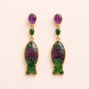 Boucles d'oreilles acier inoxydable et pierres, naturelleslong 5,5cm excellent état